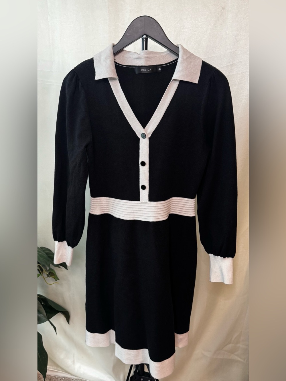 Zesica Black V-Neck Sweater Dress with White Trim